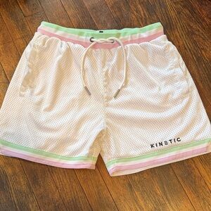 Kinetics White Mesh Athletic Shorts with Pink and Green Trim